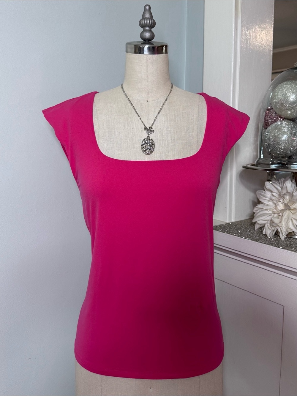 White House Black Market FORME All Ways Stretch Square Neck Top Hot Pink Large - Picture 2 of 8